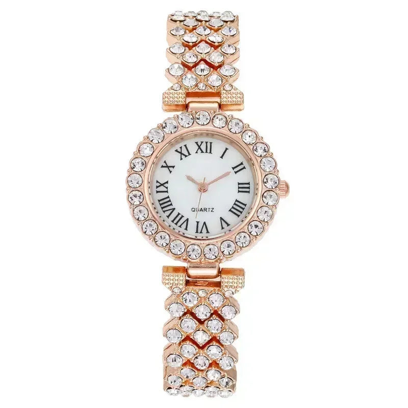 Fashion Luxury Full Crystal 5 Pcs Watch  Necklace Earrings  Ring  Set for Women Rhinestone  Wristwatch Female Bracelet Set Gift