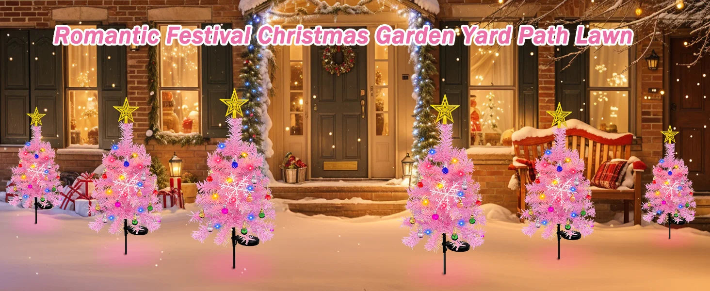 OurWarm 2pcs Pink 29in Solar Christmas Trees Garden Stake Lights Waterproof Christmas Yard Decor Outdoor, 8 Modes Xmas Tree