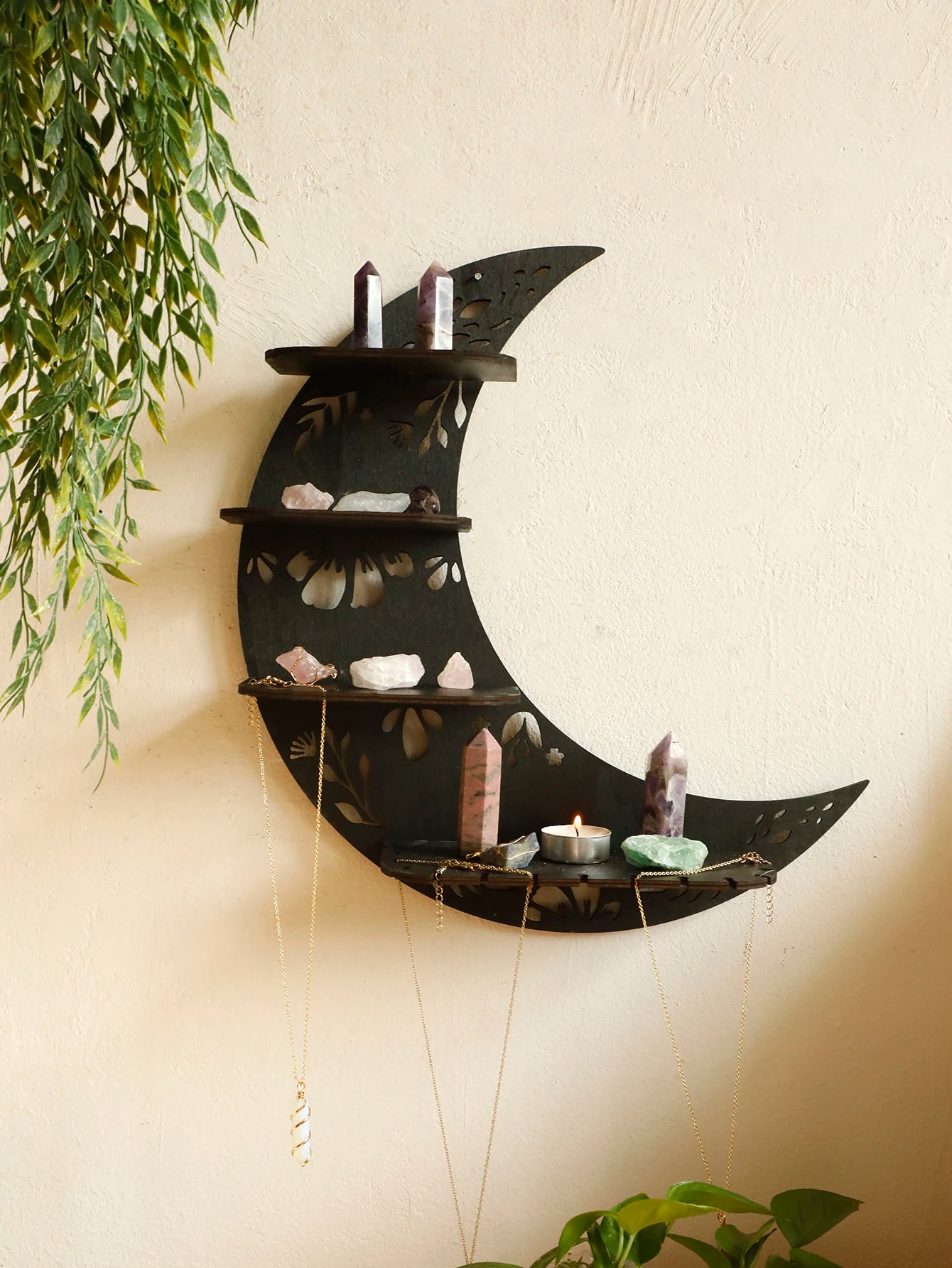 30/39cm Black Moon Wall Shelves 4-tier Wood Floating Wall Shelf Gothic Home Decor Crystal Shelf Display Ledge Essential Oil Rack