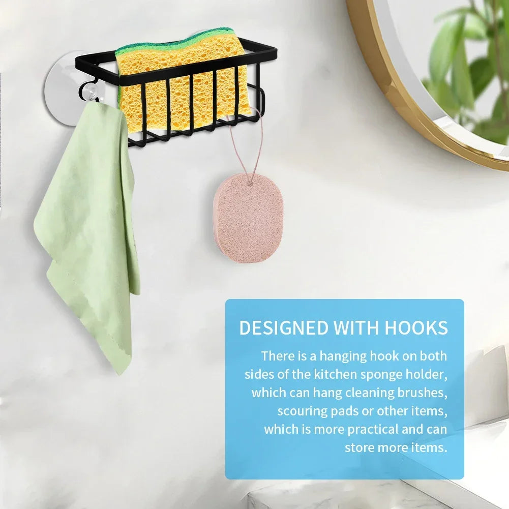 Home With Hook Draining Durable Soap Black Kitchen Sink Scrubber Countertop Sponge Holder Hollowed Suction Cup Caddy Organizer