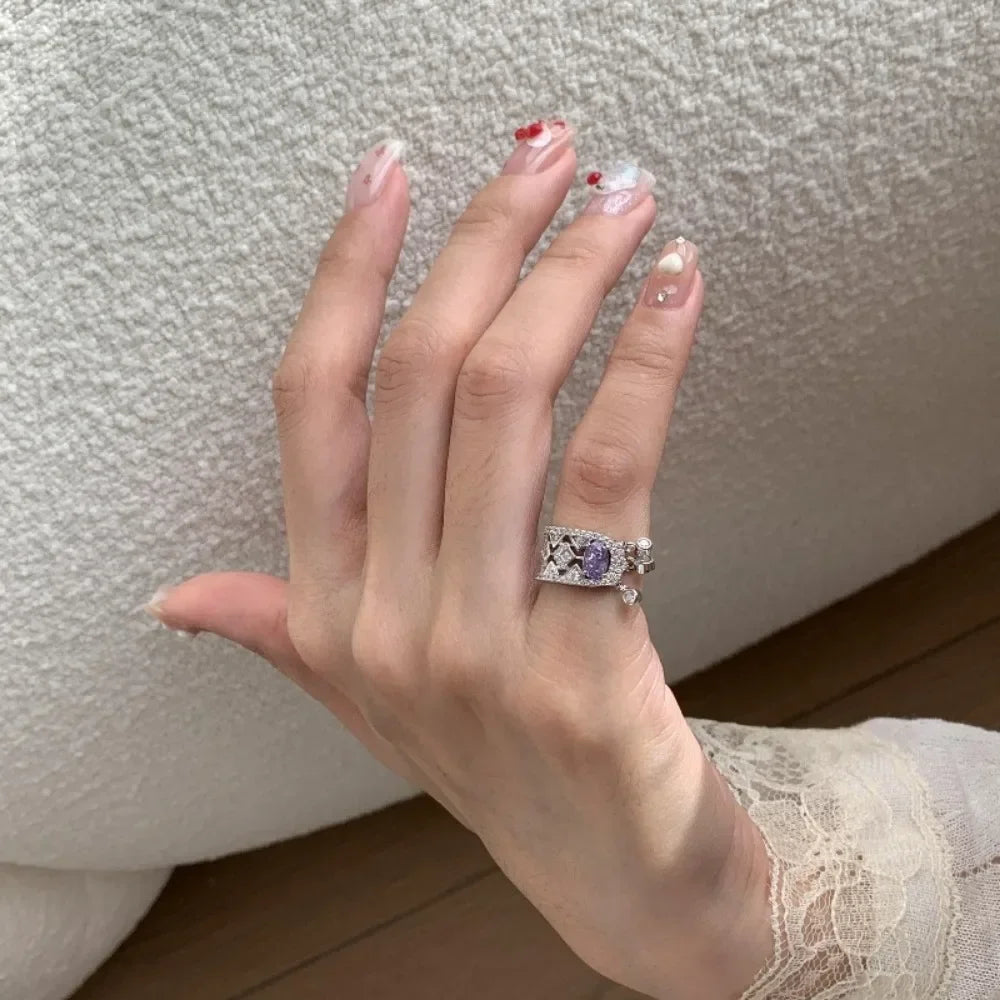 Light luxury exquisite silver 925 diamond amethyst rings for women unique fashion retro tassel purple tail ring wedding jewelry