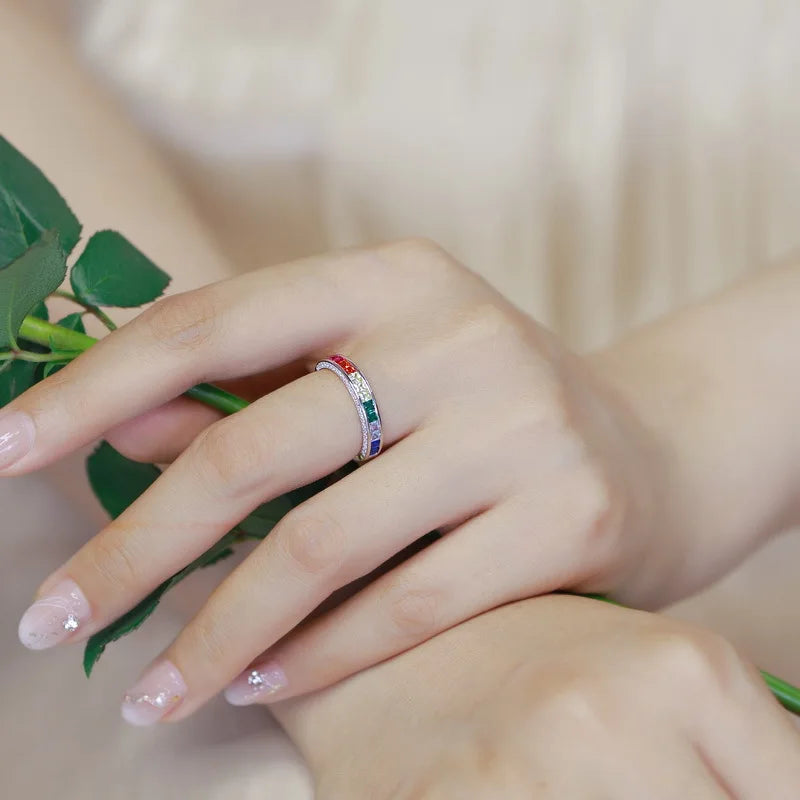 ALLNOEL Rainbow Band Ring for Woman Pure 925 Sterling Sliver 5A Zircon Eternity Fine Jewelry Colorful Engagement Birthday Gifts