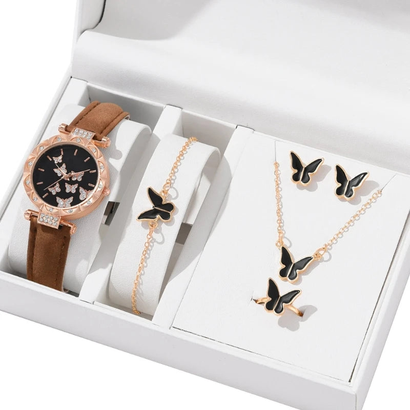 Elegant Butterfly Jewelry Set Women Watch Crystal Watches Fashion Rings Necklace Earring Bracelet Perfect for Daily Wear