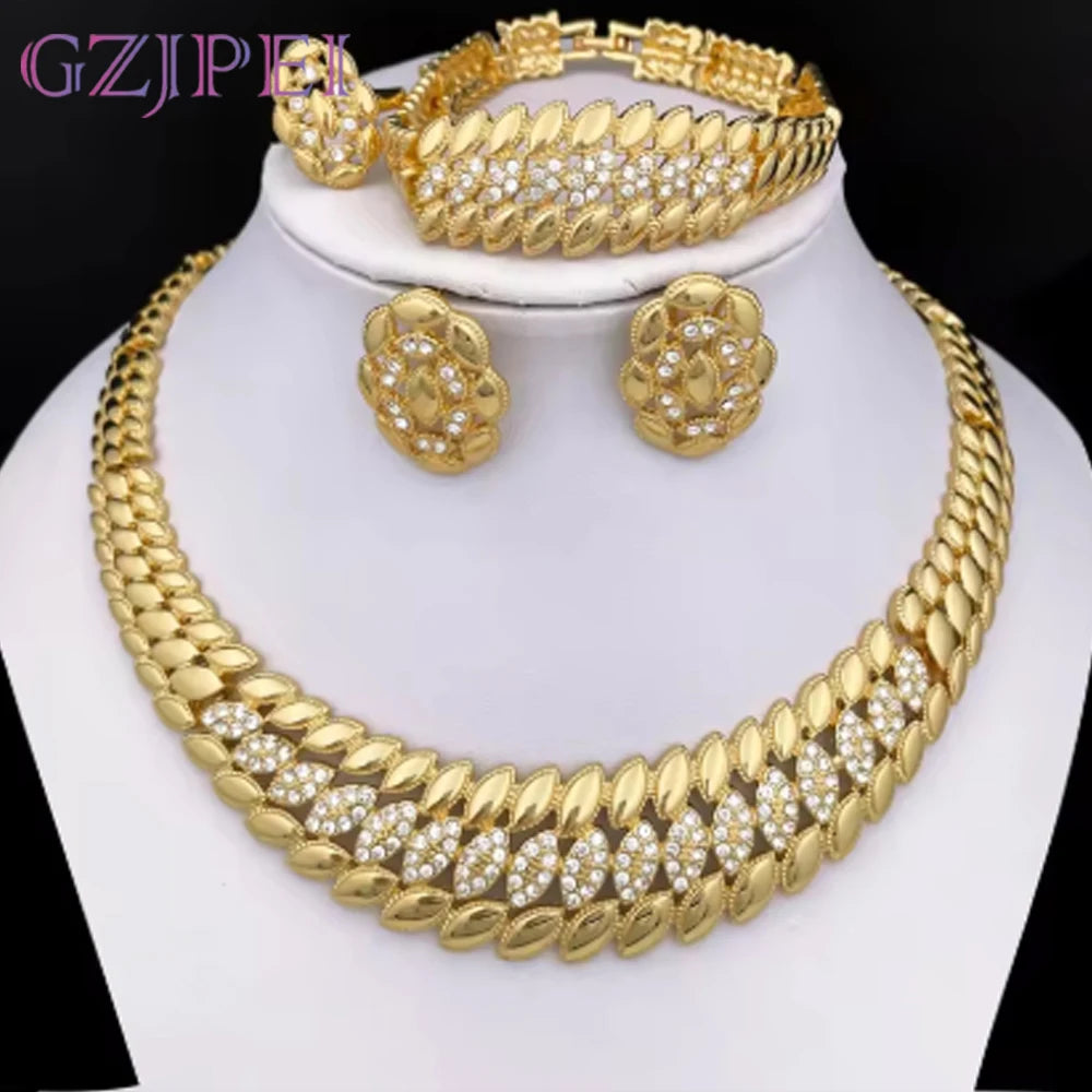 High Quality Dubai Gold Plated Jewelry Set For Women Luxury Design Spike Necklace Earrings Bracelet Ring For Weeding Party Gift