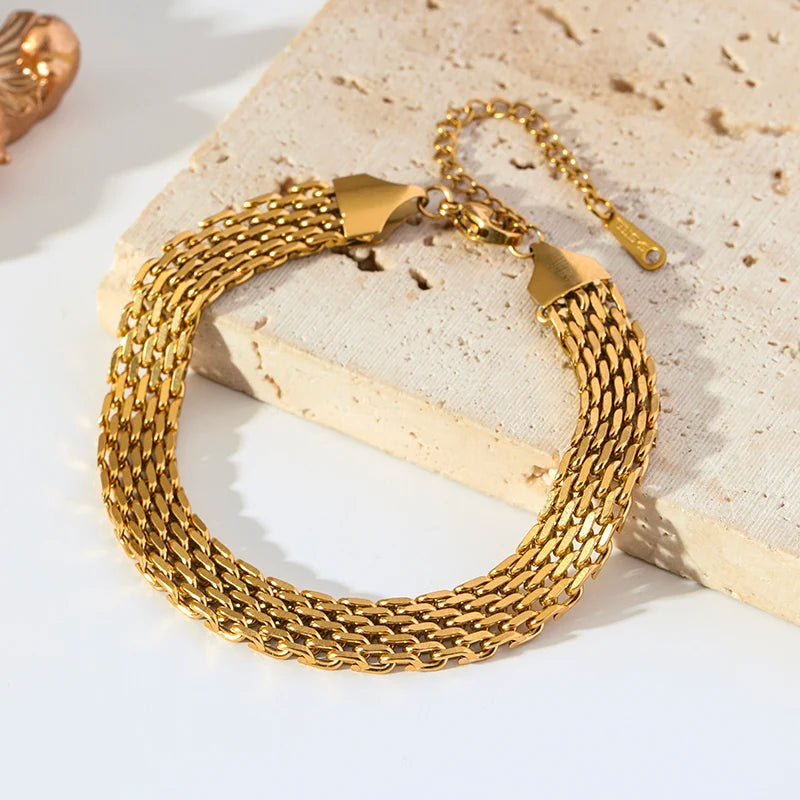 EILIECK 316L Stainless Steel Metal Gold Color Wide Watch Chains Neckalce Bracelet Set For Women Trendy Waterproof Jewelry Gift