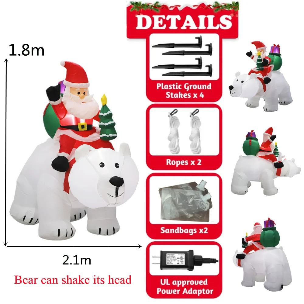 2.1M Inflatable Christmas Claus Riding Shake Head Bear And 1.2m Santa Claus Built-in LED Light Courtyard Garden Xmas Decorati