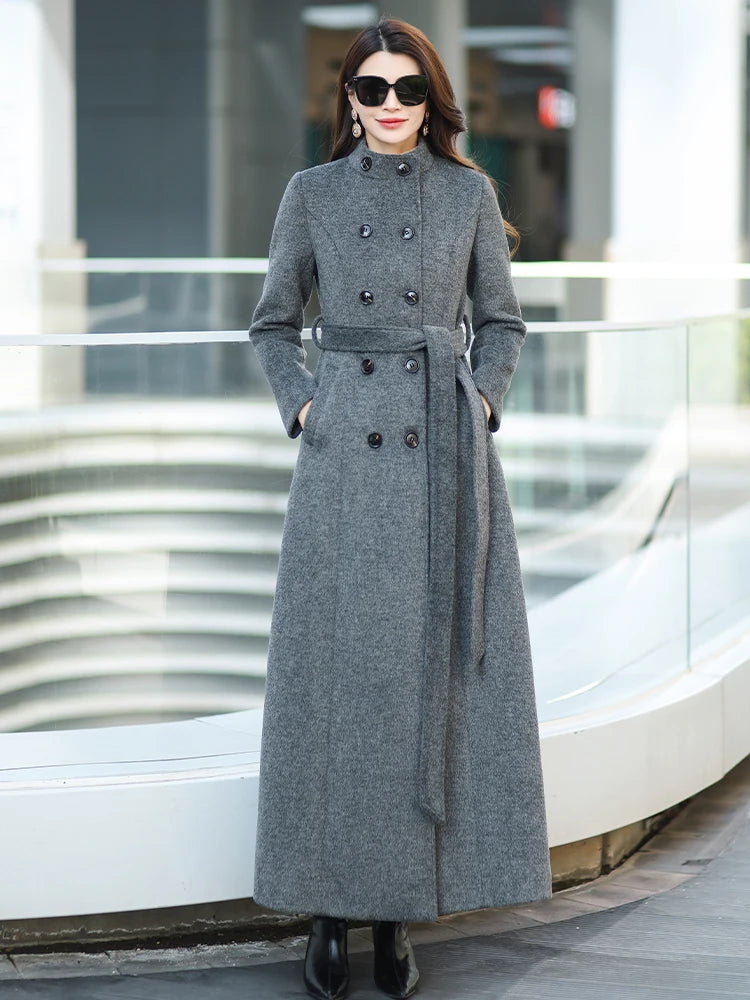 Gray Stand Collar Thickened Woolen Coat Winter Fashion Slimming Long Outerwear for Daily Wear Warm And Stylish New Arrival
