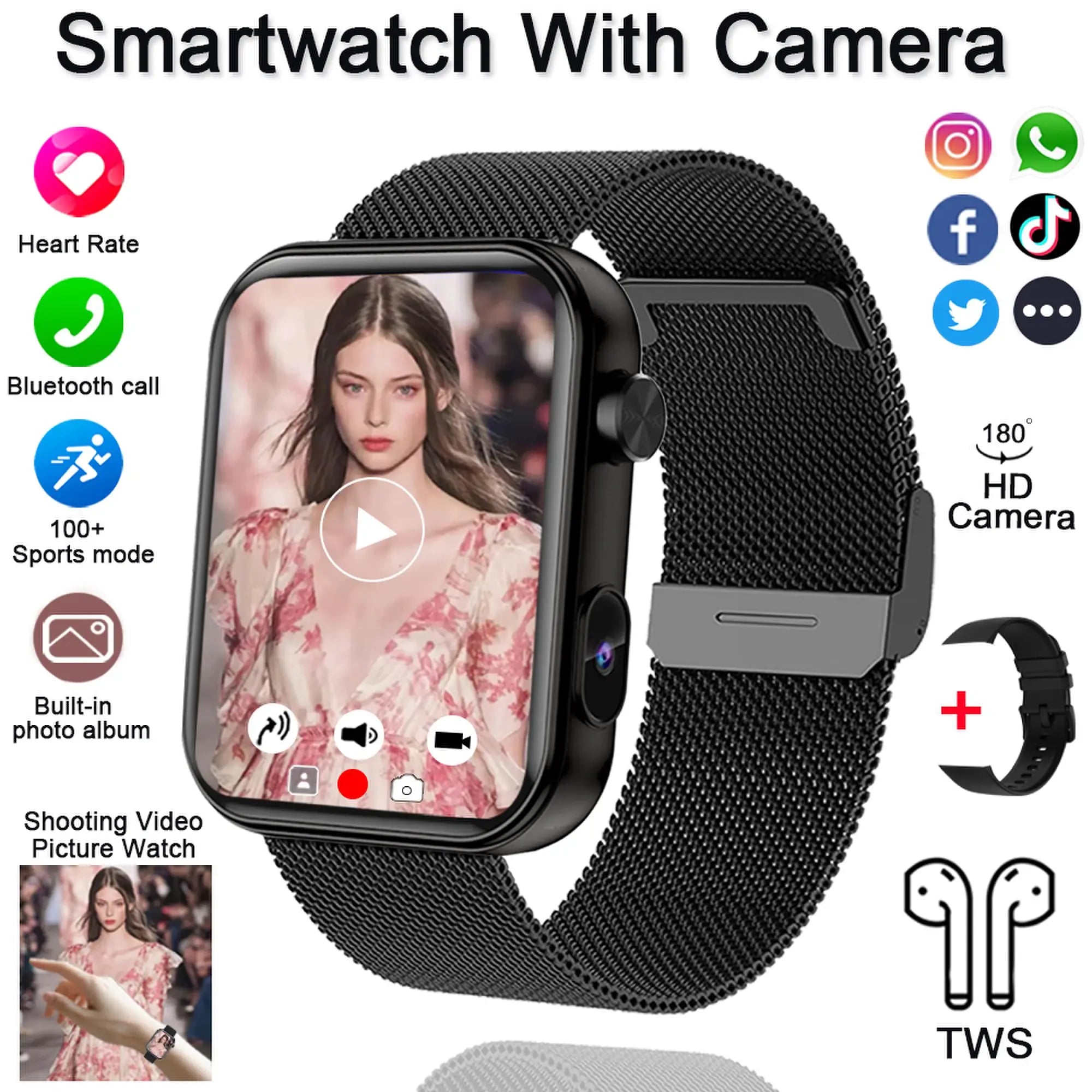 Camera Smart Watch with Video, BT Call & Health