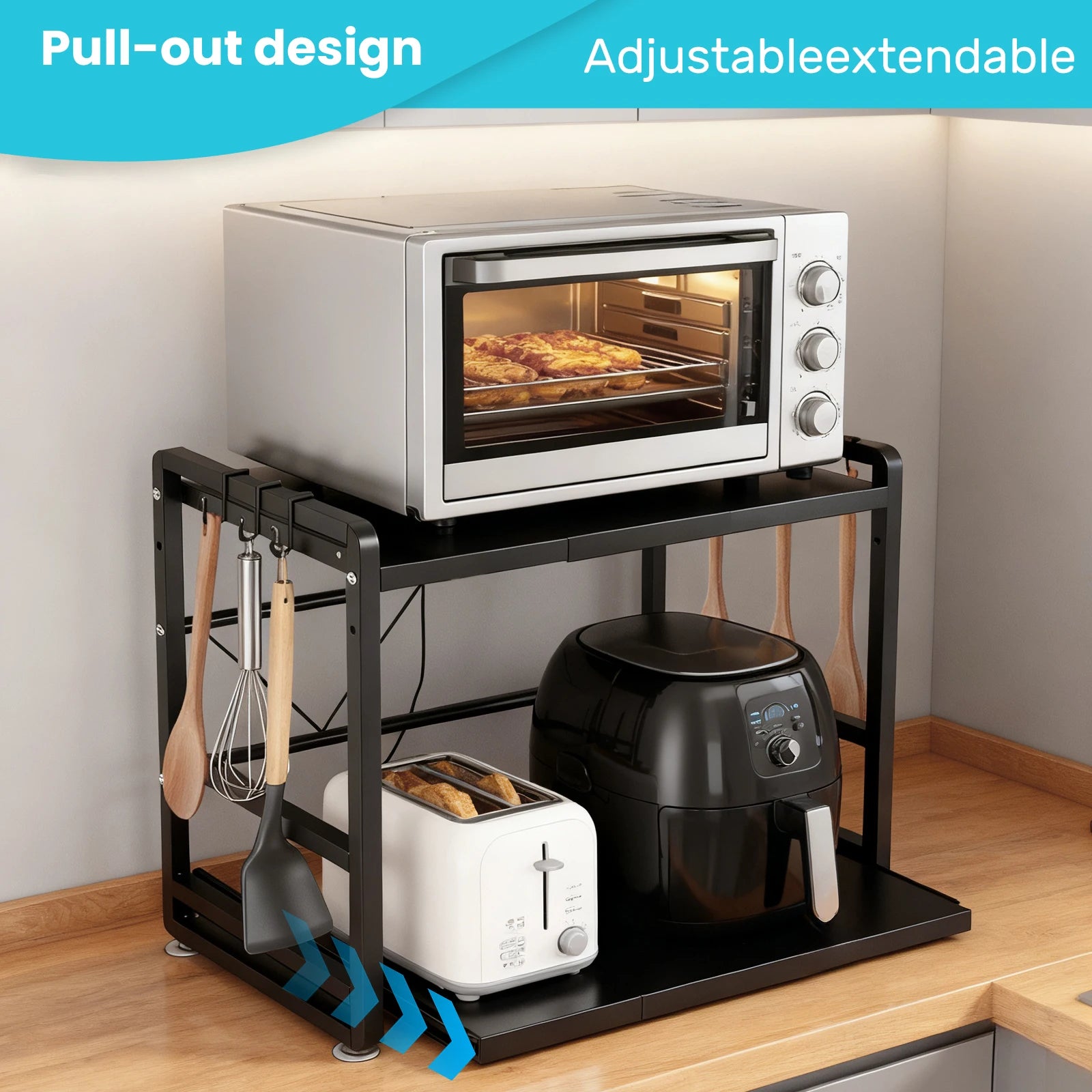 Iron Kitchen Shelf, Microwave Rack, Adjustable Height Extendable Shelf Includes Hooks & Reinforcement Suction Cups Easy Assembly