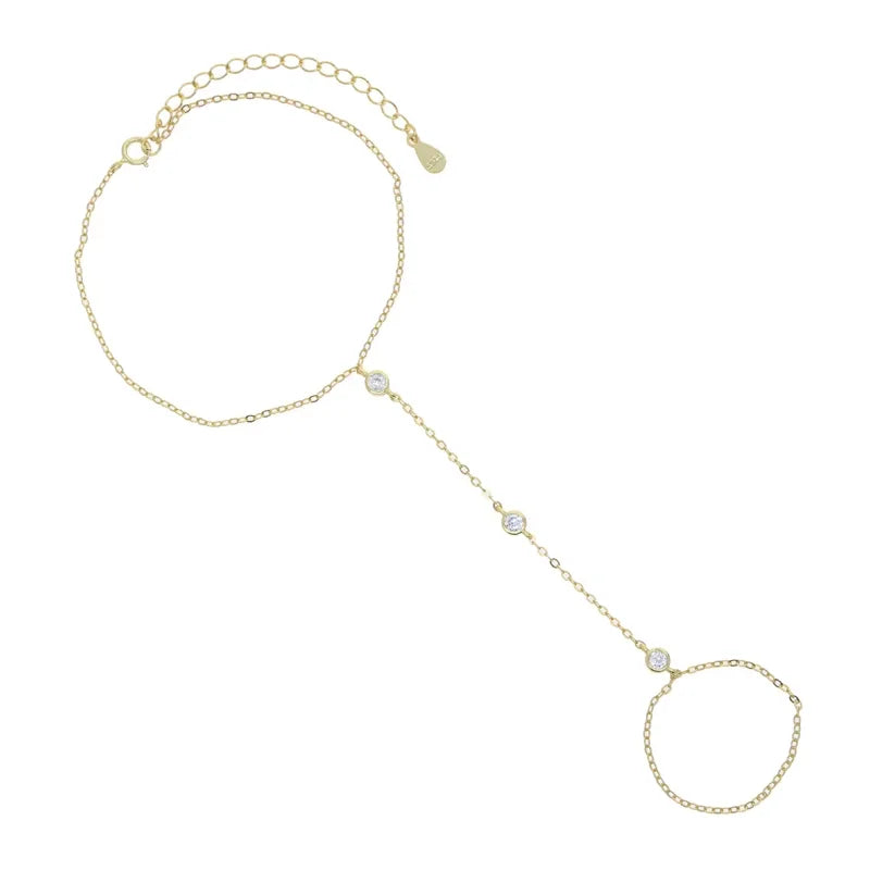 100% 925 Sterling Silver Slave Chain Bracelet Connected Finger Ring Bling AAA Sparking Cz Zirconia Handlets Layers Jewelry Women