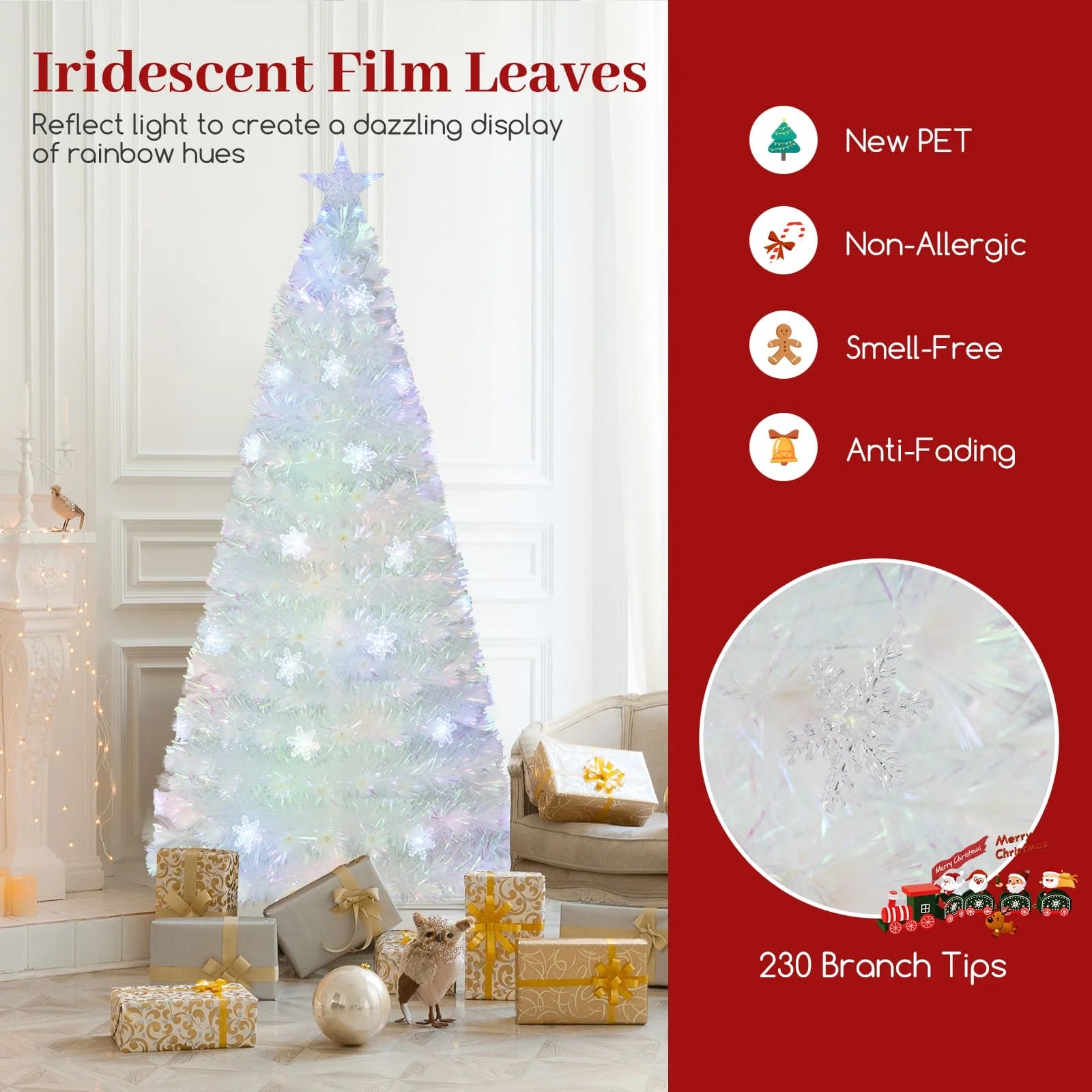 GOFLAME 180 cm Artificial Fiber Optic Christmas Tree, White Pre-lit Xmas Tree with 230 Branch Tips, Iridescent Leaves