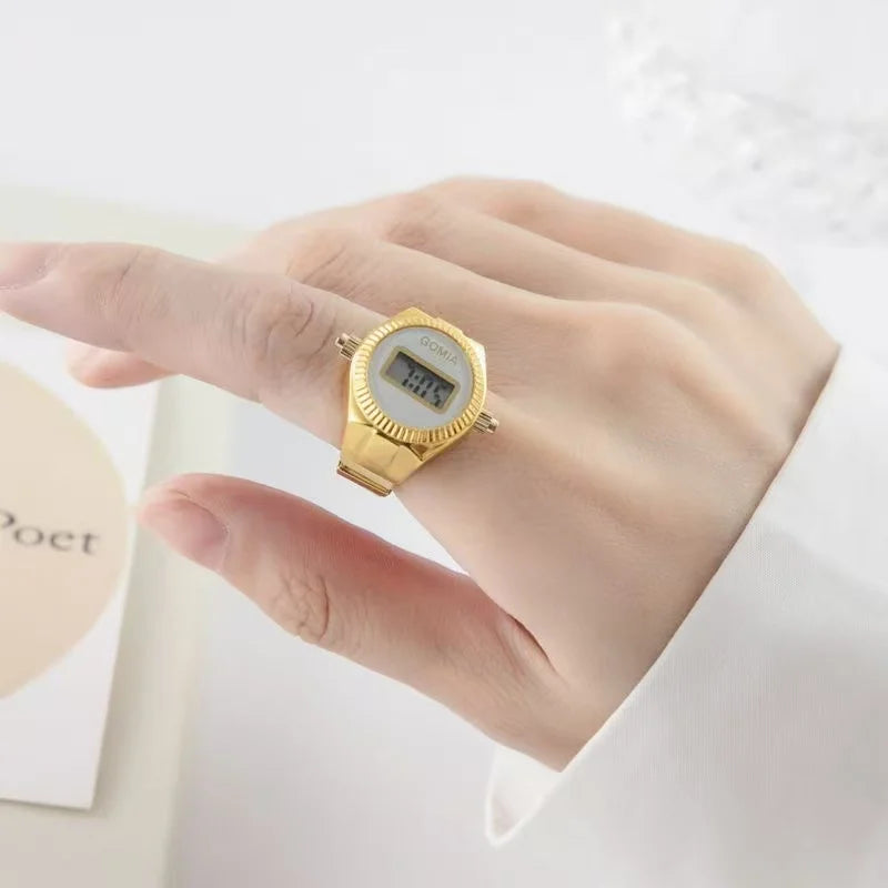 Fashion Electronic Watch Rings for Men Women Gold Silver Colorful Dial Stainless Steel Elastic Watch Strap Battery Mini Clock