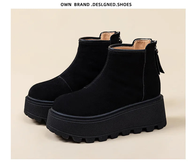 Fujin 7cm Suede Leather Snow Shoes Ankle Booties Platform Winter Boots Women Comfortable Non Slip Chelsea Boots Chunky Heel