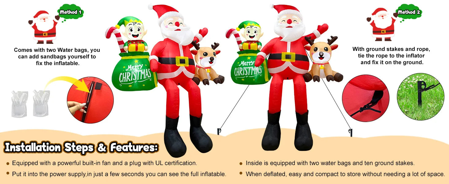 OurWarm 8FT Christmas Inflatable Outdoor Decorations,Sitting Santa Claus with Elves & Reindeer,for Holiday Party Garden Yard