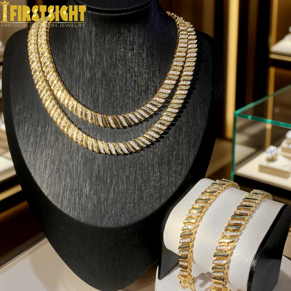 2025 New Gold Color Herringbone Snake Chain Bracelet Necklace 10mm CZ Stones Choker Hop Hip Rapper Fashion Women Jewelry Set