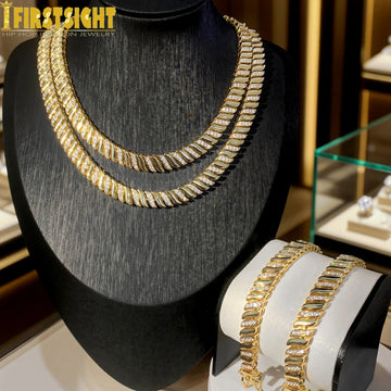 2025 New Gold Color Herringbone Snake Chain Bracelet Necklace 10mm CZ Stones Choker Hop Hip Rapper Fashion Women Jewelry Set