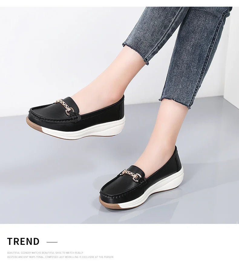 Women’s Leather Platform Loafers – Slip-On Casual Flats