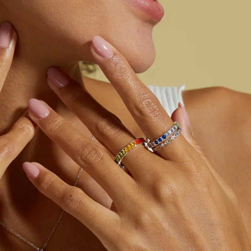 ALLNOEL Rainbow Band Ring for Woman Pure 925 Sterling Sliver 5A Zircon Eternity Fine Jewelry Colorful Engagement Birthday Gifts