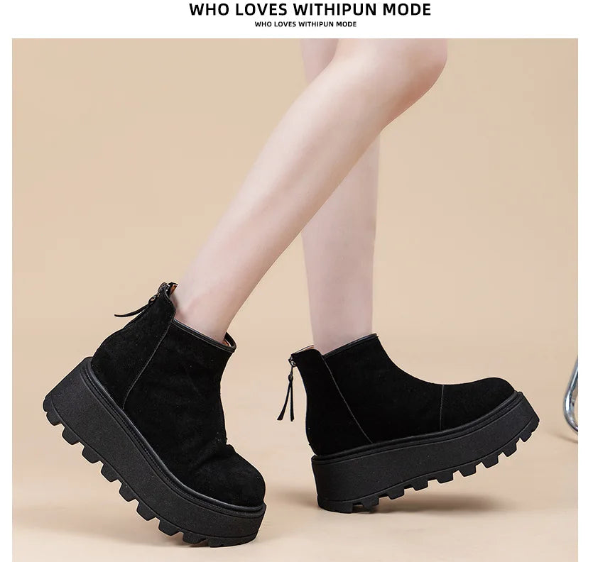 Fujin 7cm Suede Leather Snow Shoes Ankle Booties Platform Winter Boots Women Comfortable Non Slip Chelsea Boots Chunky Heel