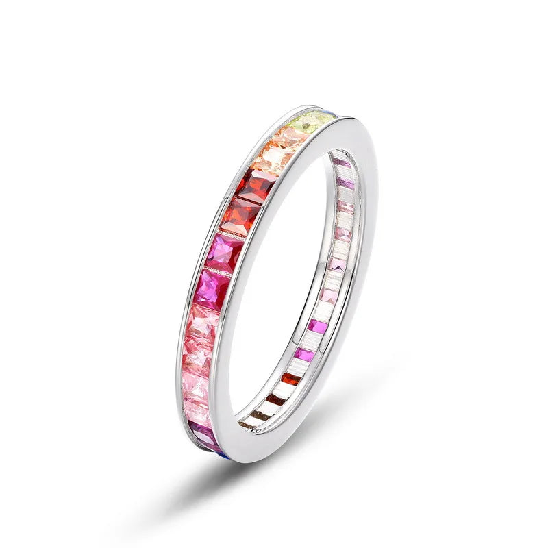 ALLNOEL Rainbow Band Ring for Woman Pure 925 Sterling Sliver 5A Zircon Eternity Fine Jewelry Colorful Engagement Birthday Gifts