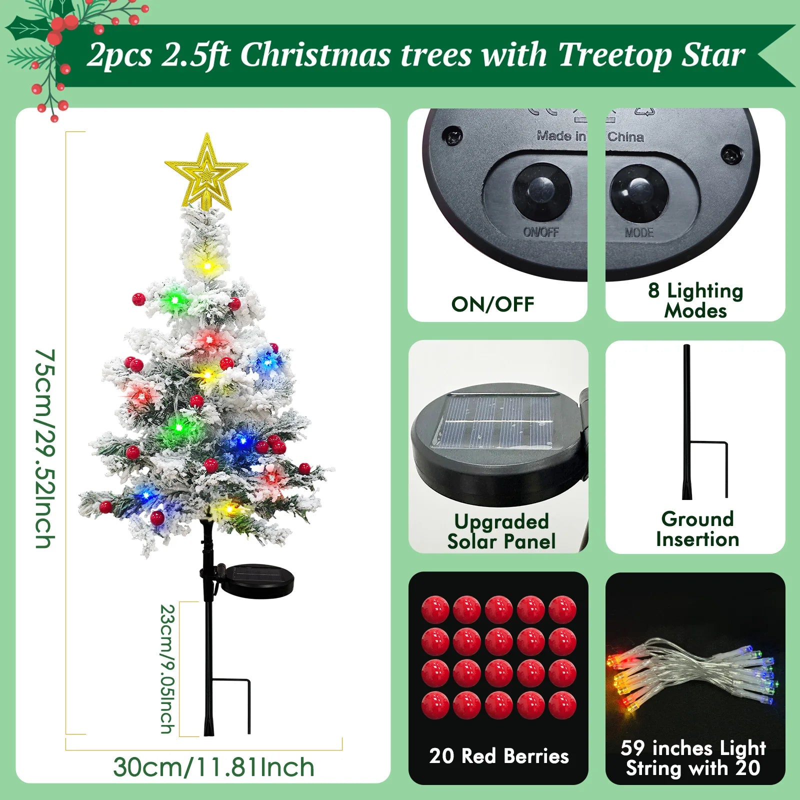 OurWarm 2 pcs Solar Christmas Tree Outdoor Christmas Decor, 29In Flocked Christmas Tree , Mini Small Christmas Tree with 40LED