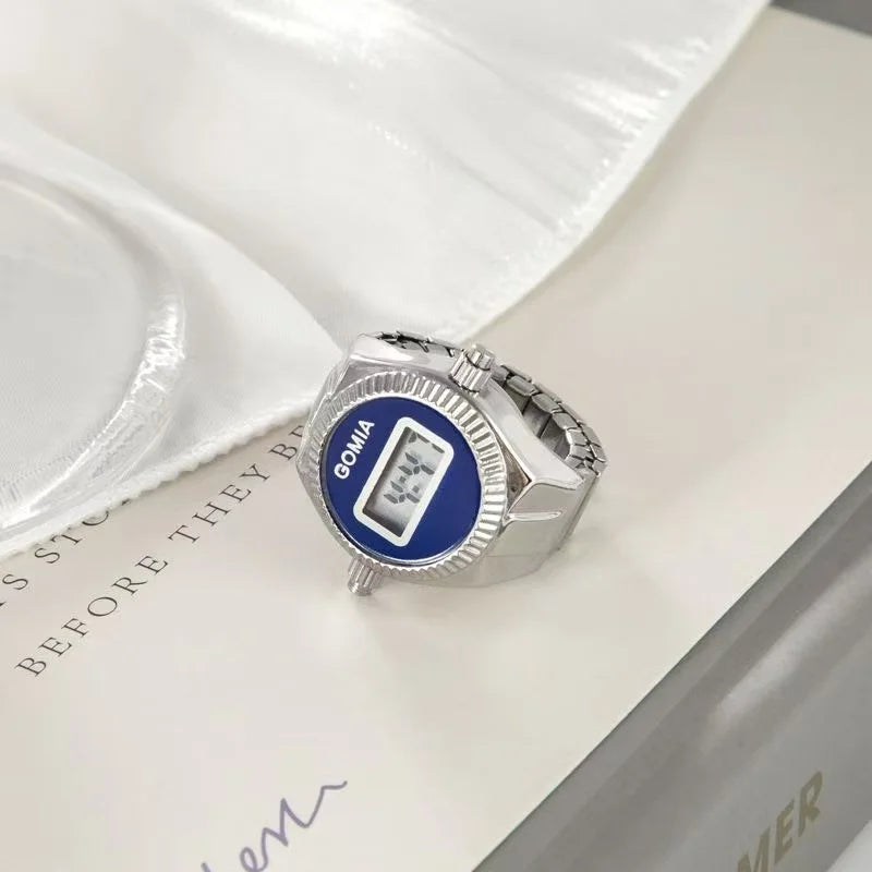 Fashion Electronic Watch Rings for Men Women Gold Silver Colorful Dial Stainless Steel Elastic Watch Strap Battery Mini Clock