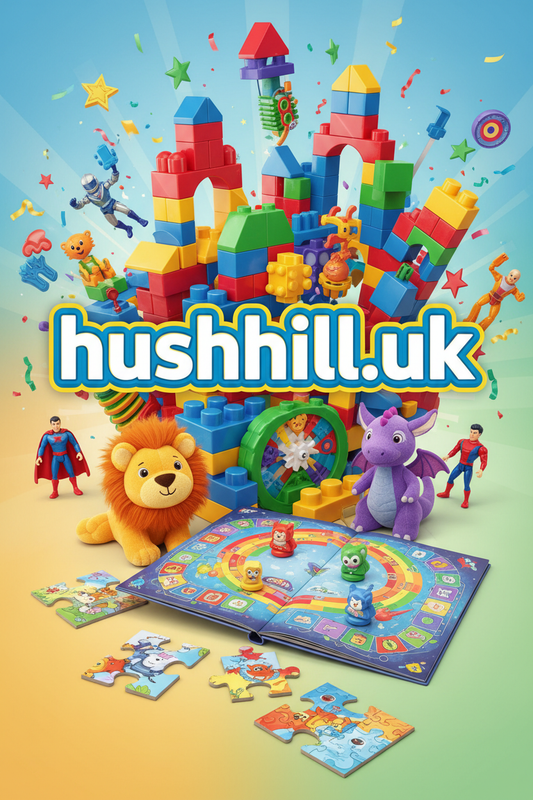 toys and games poster for hushhill.uk and write hushhill.uk on poster 